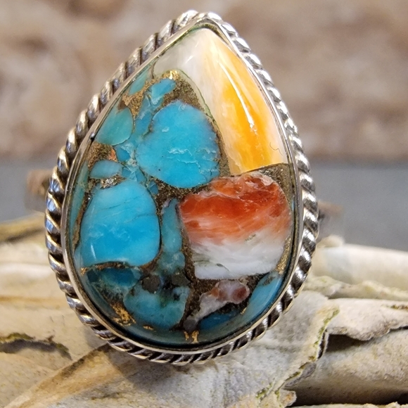 Vintage Jewelry - Native Mountain Copper Turquoise Gemstone Ring 8 Sterling Silver 925 Boho Mod